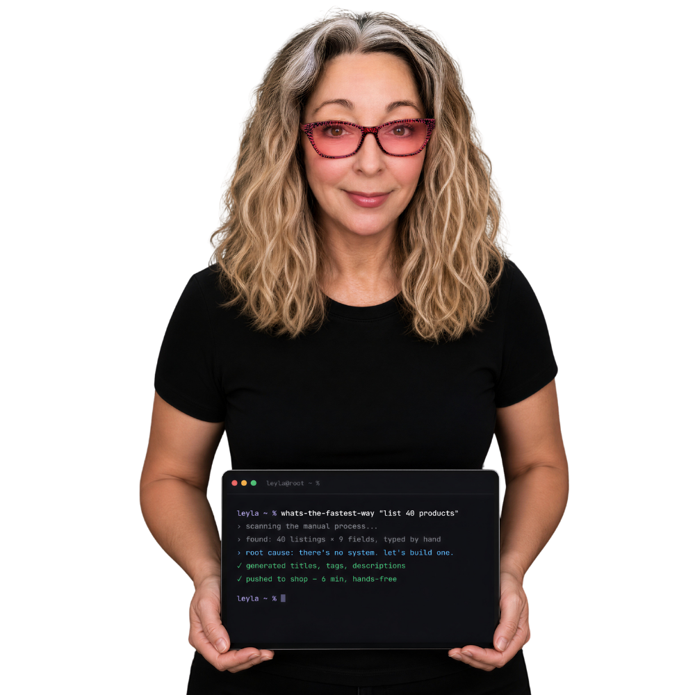 Leyla Mowdy holding a laptop running her listing automation